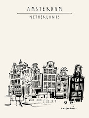 Amsterdam, Holland, Netherlands Europe. View of old center with a boat. Dutch traditional historical buildings. Hand drawing. Travel sketch. Book illustration, postcard or poster