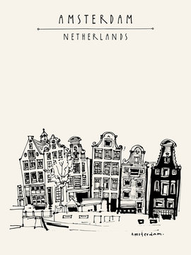 Amsterdam, Holland, Netherlands Europe. View of old center with a boat. Dutch traditional historical buildings. Hand drawing. Travel sketch. Book illustration, postcard or poster