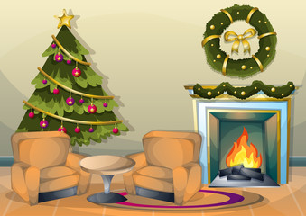 cartoon vector illustration interior Christmas room with separated layers in 2d graphic