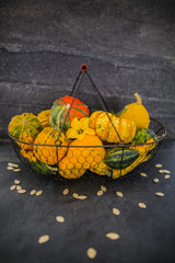 Colorful pumpkins in old metal basket on the stone background.