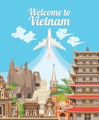 Fototapeta premium Travel to Vietnam. Set of traditional Vietnamese cultural symbols. Vietnamese landmarks and lifestyle of Vietnamese people