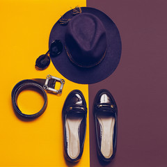 Vintage set. Fashion Accessories autumn season. Hat, shoes, sung