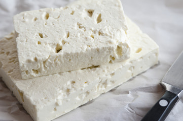 Slabs of feta goats milk cheese