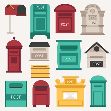 Beautiful rural curbside open and closed mailboxes with semaphore flag vector illustration. Traditional communication empty postage post mail box. Letter message post mail box service correspondence.