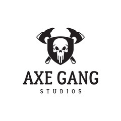 Two crossed axe, shield and skull. Skull logo. Warrior logotype. Excellent logo for a game.