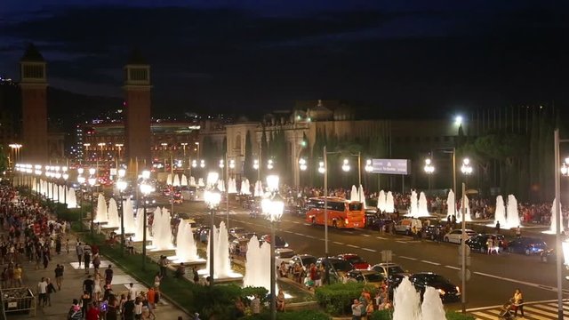 BARCELONA, SPAIN - JULY 24, 2016: Night view of Plaza de Espana with Venetian towers. Barcelona, Spain
 