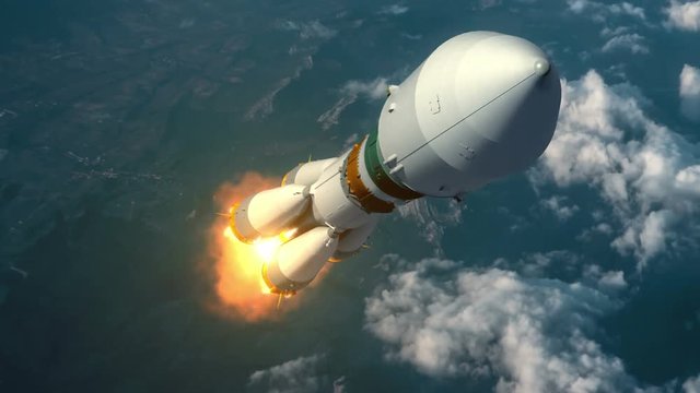 Cargo Carrier Rocket Takes Off Over The Clouds. 3D Animation.