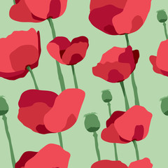 Red poppies on field seamless pattern. Vector illustration