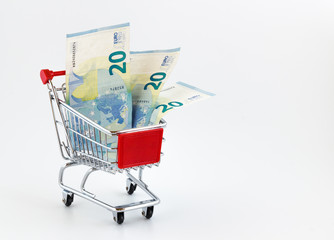 Shopping cart with euro banknotes