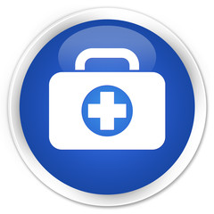 First aid kit bag icon blue glossy round button