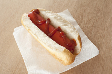 First person view on hot dog with ketchup