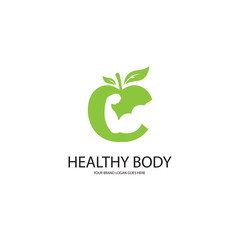Healthy body logo. Muscle hand silhouette in apple.   