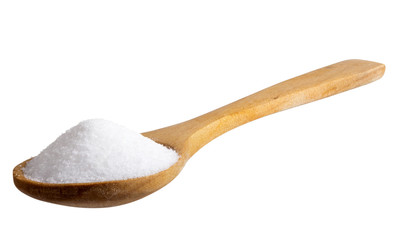 Salt in wooden spoon isolated on white