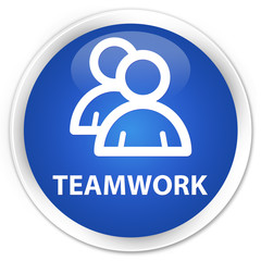 Teamwork (group icon) blue glossy round button