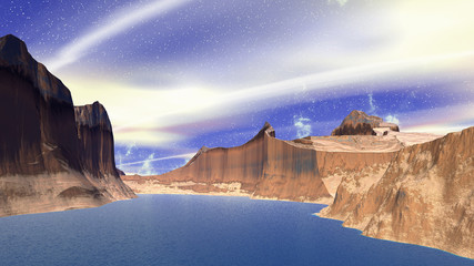 Fantasy alien planet. Mountain and lake. 3D  rendering