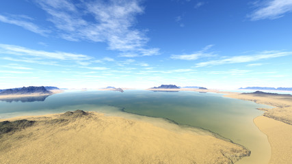 Fantasy alien planet. Mountain and lake. 3D  rendering