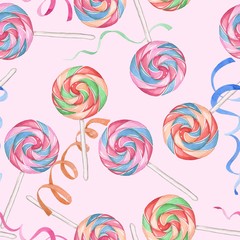 Fototapeta na wymiar Candy canes on a pink background. Seamless pattern. Watercolor drawing