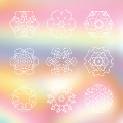 Set of 9 white line Hexagon icon on Rainbow abstract blur background, thin line star on laser beam gradient pastel, snowflake logo on shiny spectrum backdrop