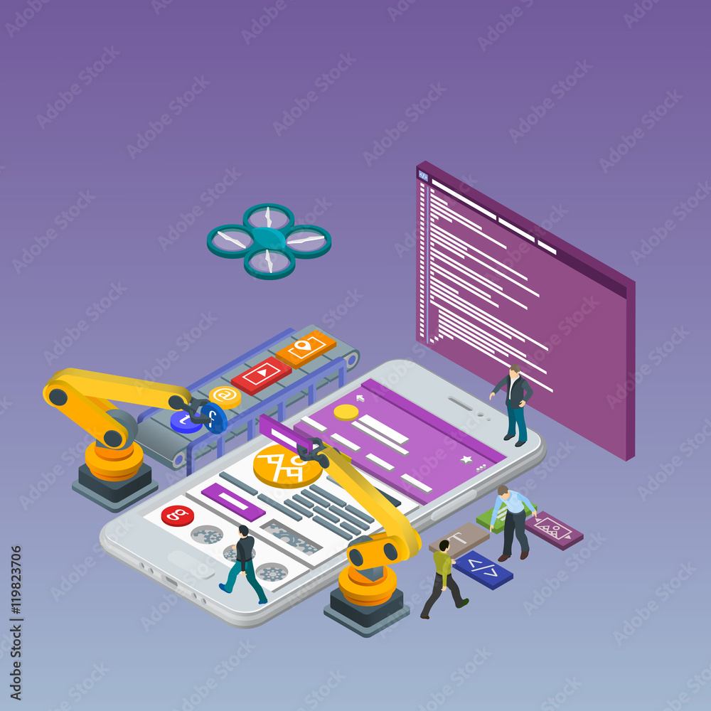 Fototapete mobile app development, experienced team. flat 3d isometric white phone. manipulator robot robotized
