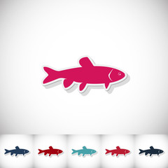 Fish grass carp. Flat sticker with shadow on white background