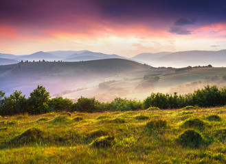 Colorful scene in foggy mountains