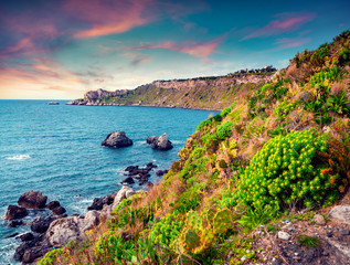 Colorful spring scene in the harbor and cape Milazzo