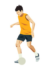 One football player with yellow T-shirt, running soccer sport man and gray ball. Low polygon cartoon, exercise action icon isolated on white