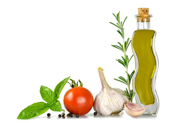 Olive oil, garlic, tomato, basil and rosemary isolated on white
