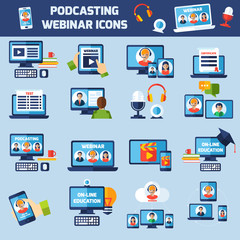 Podcasting and webinar icons set