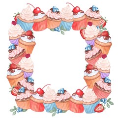 Cupcake frame. Watercolor illustration. Handmade drawing. The pattern for the design of signage, postcards