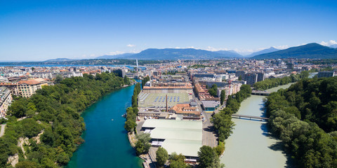 Panoramic Aerial view of Arve an Rhone river confluent in  Genev