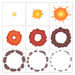 Explode effect animation with smoke. Cartoon bang explosion frames for game. Sprite sheet for cartoon fire puff explosion, mobile, flash game effect animation.