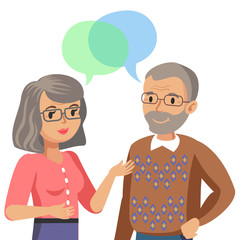 Obraz premium Old man and old women talking. Talk of spouse or friends. Vector