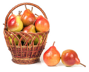 pears in a wicker basket isolated on white background