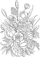 Coloring book page for adult and older children with flowers. Printable. Black and white background. Possible use for printing on fabric.