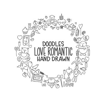 Hand drawn love doodle icons illustration on white