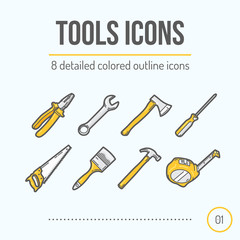 Tools Icons Set (Pliers, Wrench, Axe, Screwdriver, Saw, Brush, Hammer, Tape Measure). Trendy Thin Line Design. Colored Version. Vector Illustration.