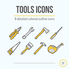Fototapeta premium Tools Icons Set (Pliers, Wrench, Axe, Screwdriver, Saw, Brush, Hammer, Tape Measure). Trendy Thin Line Design. Colored Version. Vector Illustration.