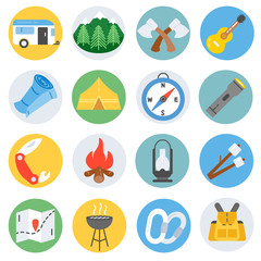 camping icons set. Summer camping outdoors.Hike outdoor elements collection. Flat design