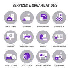 Icons set of services and organizations. Flat. Color 1.
