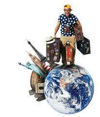 Tourist on vacation with a bunch of old suitcases