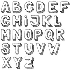Hand drawn set of ABC letters. Free-hand alphabet illustration. 3d doodle.
