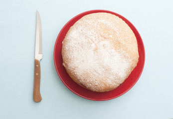 Uncut sponge cake sprinkled with icing