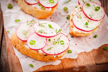 toasts with cream cheese, organic radish, onion and dill
