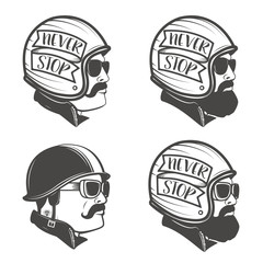 set of man heads in motorcycle helmets. Design element for logo,