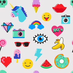 Pop art fashion chic seamless pattern with patches, pins, badges and stickers