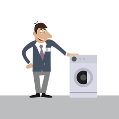 the Manager stands by the washing machine. vector illustration of cartoon