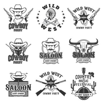 Set of cowboy, rodeo, wild west monochrome labels and badges iso