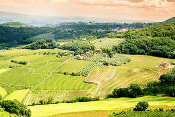 Obraz premium Beautiful tuscan landscape view on the green meadow with farmlands near Montepulciano town in Italy