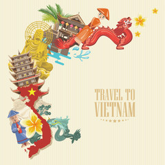 Travel to Vietnam. Set of traditional Vietnamese cultural symbols. Vietnamese landmarks and lifestyle of Vietnamese people